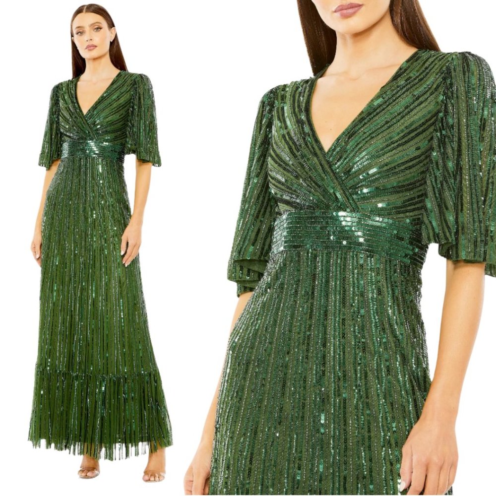 Mac Duggal 23010 Size 8 Green Flutter Sleeve Deep V Ruffle Hem Sequin Gown Dress